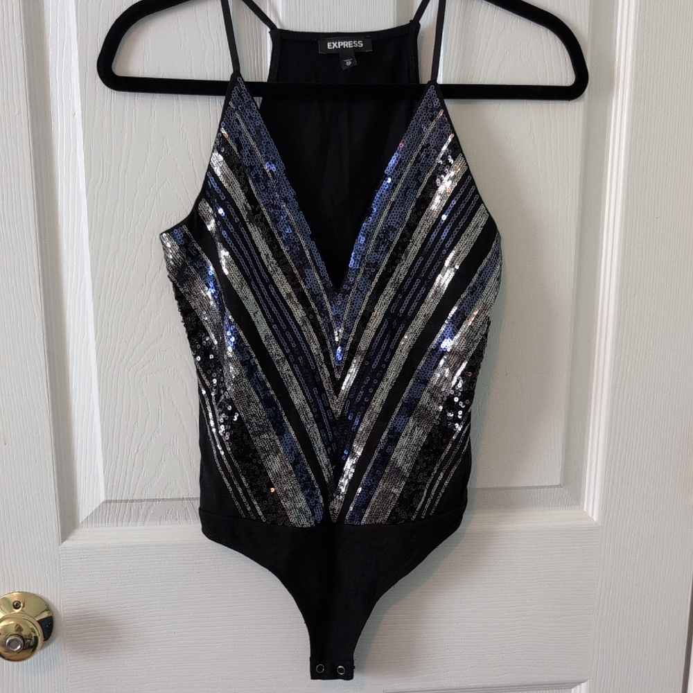 Express Black Bodysuit with Silver and Blue Sequins